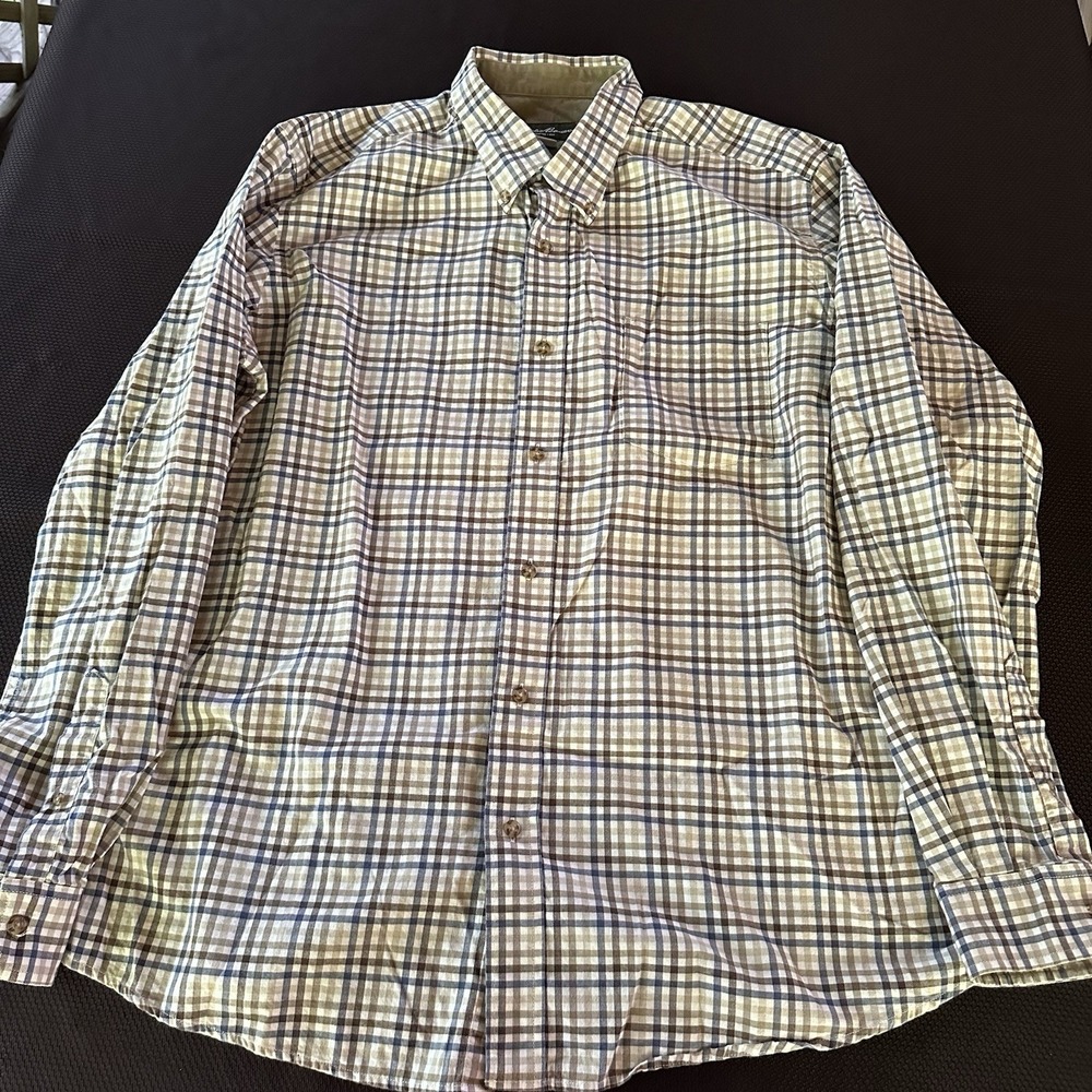 Eddie Bauer Shirt Mens XL‎ Long Sleeve Plaid Regular Fit Tan Blue Brown